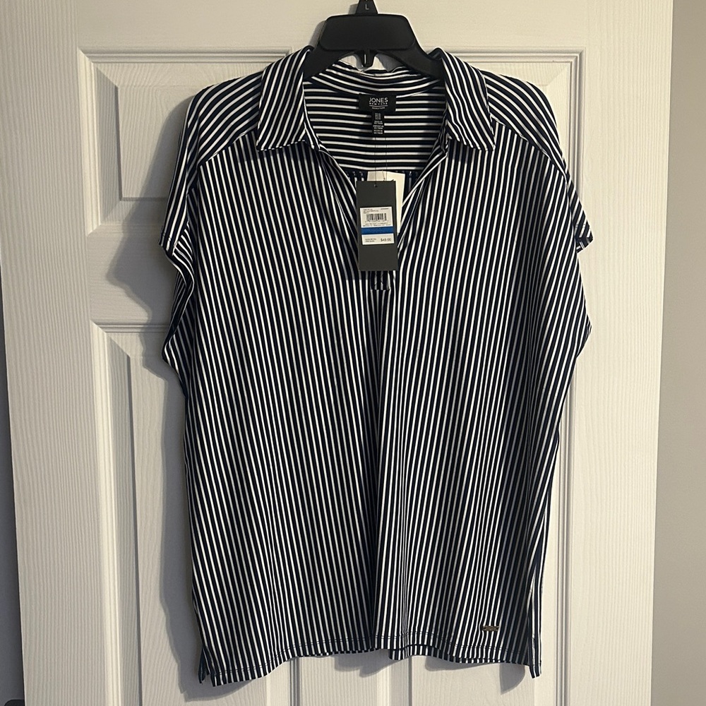 Jones New York Navy and White Striped Blouse